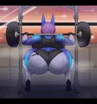 2022 anthro barbell big_breasts big_butt biped bodily_fluids breasts butt canid canine canis clothing crouching exercise female footwear gloves hair handwear hi_res high_heels huge_breasts huge_butt jackal kernkraftwerks letterbox mammal purple_hair rear_view solo sweat weightlifting workout year