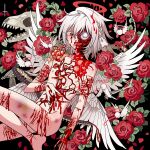  1boy albino androgynous angel animal_skull bad_id bad_twitter_id bleeding blood blood_on_arm blood_on_face blood_on_hands blood_on_leg bruise bug centipede completely_nude cuts exposed_muscle eyeball feathered_wings floral_background flower guro halo heart highres injury intestines looking_at_viewer maggot male_focus melting_halo meremero multiple_wings nude organs original pectorals red_eyes red_flower red_halo red_rose rose short_hair skeletal_hand smile solo teeth white_hair white_wings wings 