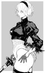  1girl 2b_(nier:automata) absurdres breasts closed_mouth commentary feather_trim from_side gloves grey_background greyscale hair_ornament hairband highleg highleg_leotard highres holding holding_sword holding_weapon leotard lips long_sleeves looking_at_viewer medium_breasts mole mole_under_mouth monochrome nier:automata nier_(series) nishiii26miii puffy_sleeves short_hair solo sword thighhighs thighs turtleneck weapon 