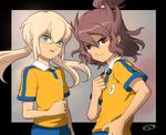  blonde_hair brown_hair fusion glasses green_eyes inazuma_eleven_(series) inazuma_eleven_go inazuma_eleven_go_chrono_stone kirino_ranmaru kirino_ranmaru_(mixi_max_jeanne_d'arc) lightning_bolt male_focus mizuhara_aki multiple_boys outside_border raimon raimon_soccer_uniform red_eyes shindou_takuto shindou_takuto_(mixi_max_oda_nobunaga) soccer_uniform sportswear twintails upper_body 