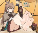  1girl ahoge bare_legs barefoot boots brown_hair commentary commission crossed_legs english_commentary feet foot_focus friend_(nanashi_mumei) highres holding holding_boots holding_clothes holding_footwear hololive long_hair looking_at_viewer nanashi_mumei nanashi_mumei_(1st_costume) panties softhanten soles solo tent toes underwear unworn_boots virtual_youtuber white_panties 