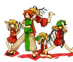 ascot banaobanabana barefoot blonde_hair closed_eyes dress dress_lift fighting_stance flandre_scarlet four_of_a_kind_(touhou) glomp hat hong_meiling hug hug_from_behind multiple_girls red_eyes red_hair side_ponytail sitting sketch touhou wariza wings 