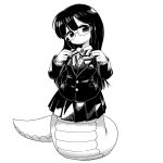  1girl adjusting_bowtie bow bowtie buttons collared_shirt full_body glasses gobori halftone_texture lamia long_hair monochrome monster_girl pleated_skirt shirai_(tsuki_izuru_machi_no_hitibito) shirt simple_background skirt solo striped_bow striped_bowtie striped_clothes tsuki_izuru_machi_no_hitibito 