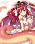  armlet bare_shoulders bracelet breasts cleavage highres jewelry kakaon lamia long_hair medium_breasts monster_girl new_year original red_hair smile snake snake_tail solo tail yellow_eyes 