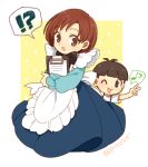  !? 1boy 1girl :o ;d apron arm_up artist_name black_bow black_bowtie black_eyes black_hair blue_dress bokujou_monogatari border bow bowl_cut bowtie brown_eyes brown_hair child clipboard commentary_request dress elli_(bokujou_monogatari) frilled_apron frilled_sleeves frills holding holding_clipboard long_sleeves musical_note one_eye_closed open_mouth outside_border posca shirt short_hair short_sleeves simple_background smile speech_bubble spoken_musical_note stu_(bokujou_monogatari) suspenders t-shirt twitter_username v white_apron white_border white_shirt yellow_background 