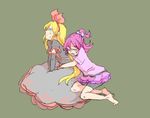  aida_mana arms_around_waist barefoot blonde_hair closed_eyes dokidoki!_precure green_background hairband half_updo hug hug_from_behind kneeling long_hair md5_mismatch multiple_girls nessawa pink_hair precure red_ribbon regina_(dokidoki!_precure) ribbon sad short_hair simple_background sitting tears 