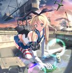  41y_(yooichiwai) :d a6m_zero absurdres all_fours black_panties blonde_hair bow bubble cleaning crane dock elbow_gloves gloves green_eyes hair_bow highleg highleg_panties highres kantai_collection open_mouth panties rensouhou-chan sailor_collar shimakaze_(kantai_collection) smile sponge striped striped_legwear thighhighs turret underwear 