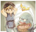  1boy aged_down arms_behind_head arms_up b-saku black_hair blue_gemstone blue_pants blue_tunic blush brass_(dragon_quest) brown_eyes child chipped_tooth creature cross_scar dai_(dragon_quest) dragon_quest dragon_quest_dai_no_daibouken forehead_protector gem gome highres looking_at_another open_mouth outside_border pants sash scar scar_on_cheek scar_on_face short_hair sideways_glance slime_(creature) smile standing torn_clothes torn_sleeves 