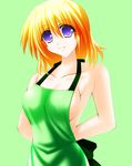 apron arms_behind_back bow breasts engo_(aquawatery) green_background large_breasts lyrical_nanoha mahou_shoujo_lyrical_nanoha mahou_shoujo_lyrical_nanoha_a's naked_apron purple_eyes shamal short_hair sideboob simple_background smile solo 