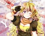  ;d anchor blonde_hair breasts cleavage fingerless_gloves gauntlets gloves heart highres long_hair medium_breasts one_eye_closed open_mouth polka_dot polka_dot_background purple_eyes revanche rwby smile solo weapon yang_xiao_long 
