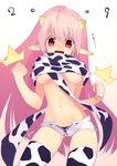  2009 animal_print bad_id bad_pixiv_id breasts cow_print medium_breasts midriff original pink_hair pointy_ears scarf short_shorts shorts solo sumaki_shungo thighhighs underboob 