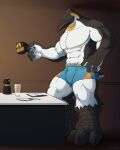 4_fingers abs anthro avian beak ben_the_penguin biceps big_feet bird bottomwear clothed clothing corrsk digital_media_(artwork) feathers feet fingers hi_res looking_at_viewer male muscular muscular_anthro muscular_male paws pecs penguin shorts solo tail toes topless