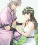 1boy 1girl arm_guards b-saku bare_arms bare_shoulders belt blurry breasts coat couple day depth_of_field dragon_quest dragon_quest_dai_no_daibouken dress eimi_(dai_no_daibouken) facing_another field flower flower_field flower_ring flower_wreath from_side grey_hair hands_up head_wreath hetero highres holding_another&#039;s_hair hyunkel long_hair looking_at_another nature on_one_knee pants profile purple_coat purple_pants short_hair short_sleeves smile white_dress white_flower 