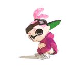  1boy backwards_hat black_eyes black_shorts commentary full_body hat hood hoodie inkling inkling_boy open_mouth parted_lips pink_hair pink_hoodie pink_trim pointy_ears ponytail shoes short_hair short_shorts shorts simple_background solo spl8ya splatoon_(series) squatting symbol-only_commentary tentacle_hair thick_eyebrows visor_cap white_background white_footwear 