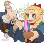 2024 5_toes blonde_hair bogo_(artist) chopsticks clothing delicious_in_dungeon eating elf feet female food foot_focus footwear hair hi_res humanoid humanoid_feet humanoid_pointy_ears korean_text marcille_donato not_furry one_shoe_on plantigrade sandals soles solo text toes tongue tongue_out