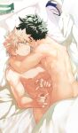  2boys abs absurdres ass back bakugou_katsuki bed bed_sheet blonde_hair blush boku_no_hero_academia closed_mouth completely_nude couple green_hair highres hug indoors large_pectorals lying male_focus midoriya_izuku multiple_boys muscular muscular_male naked_sheet nipples nude on_back on_bed pectorals pillow spiked_hair twitter_username yaoi yazaki_(yazakc) 