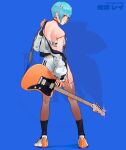  1girl ayanami_rei blue_background blue_hair cesar_art456 electric_guitar guitar hair_ornament highres instrument jacket looking_back neon_genesis_evangelion open_mouth red_eyes shoes short_shorts shorts simple_background solo thighhighs 