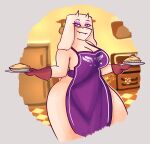 absurd_res anthro apron apron_only big_breasts boss_monster bovid breasts caprine cleavage clothed clothing eyelashes eyeshadow fangs female floppy_ears food fur gloves goat grey_background handwear hi_res holding_food holding_object horn lop_ears makeup mammal mature_female mosunoru pastry pie purple_apron purple_eyes purple_eyeshadow red_clothing red_gloves red_handwear simple_background smile solo teeth thick_thighs toriel undertale undertale_(series) white_body white_fur white_horn wide_hips