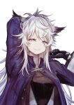  1girl absurdres animal_ears arknights arm_behind_head black_gloves black_shirt collared_shirt gloves grey_eyes hair_between_eyes highres jacket lappland_(arknights) long_hair looking_at_viewer messy_hair oyatsuming purple_jacket scar scar_across_eye scar_on_face sharp_teeth shirt smile solo teeth upper_body white_hair wolf_ears wolf_girl 