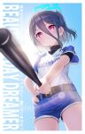  &lt;key&gt;_(blue_archive) 1girl absurdres alternate_costume alternate_hairstyle baseball_bat baseball_uniform belt black_belt black_hair blue_archive blue_halo blue_shorts blue_sleeves blush breasts closed_mouth commentary_request cowboy_shot hair_between_eyes halo hand_on_own_hip highres holding holding_baseball_bat korean_commentary looking_at_viewer one_side_up red_eyes revision shirt short_hair short_shorts short_sleeves shorts small_breasts solo sportswear square_halo supersugar white_shirt 