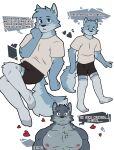 &lt;3 anthro aroused blush bodily_fluids bottomwear brad_(smallboinoah) canid canine canis chest_tuft clothed clothing duo eye_scar facial_scar hi_res implied_erection inner_monologue long_socks male mammal muscular muscular_male nipples noah_(smallboinoah) scar shirt shorts size_difference smallboinoah sweat t-shirt topless topwear tuft wolf