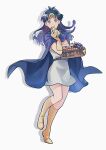  1girl apple b-saku basket belt blue_cloak blue_hair boots cloak closed_mouth dragon_quest dragon_quest_dai_no_daibouken dress drop_shadow eimi_(dai_no_daibouken) floating_hair food forehead_protector fruit full_body gem gloves grapes green_gemstone hand_up holding holding_basket holding_food holding_fruit knee_boots long_hair looking_at_viewer pear short_dress simple_background smile solo standing standing_on_one_leg strapless strapless_dress white_background white_dress yellow_footwear yellow_gloves 