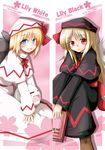  blonde_hair blue_eyes book boots capelet dual_persona english fairy_wings hat hat_ribbon kedama lily_black lily_white masu_shu multiple_girls red_eyes ribbon touhou wings 