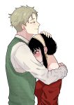  1boy 1girl black_hair blonde_hair blue_eyes blush couple earrings from_side green_eyes hairband hand_on_another&#039;s_head height_difference hetero highres hug husband_and_wife jewelry off_shoulder red_eyes smile spy_x_family twilight_(spy_x_family) white_hairband yor_briar yoshiki43445590 