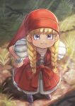  1girl bangle blonde_hair blush bracelet braid dragon_quest dragon_quest_xi dress from_above grass highres jewelry long_hair looking_at_viewer outdoors pout purple_eyes red_dress red_headwear sabakan_(sabasabakan0) shade solo sunlight twin_braids veronica_(dq11) 