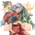  3boys arm_wrap avan_de_ginual_the_third b-saku belt black-framed_eyewear black_hair blue_hair blue_pants blue_shirt boots brown_eyes cape carrying carrying_over_shoulder carrying_person carrying_under_arm child cowboy_shot cross_scar dai_(dragon_quest) dragon_quest dragon_quest_dai_no_daibouken epaulettes feet foot_focus glasses gome green_cape green_footwear green_pants headband jacket knee_boots long_sleeves looking_ahead looking_at_viewer looking_back multiple_boys opaque_glasses open_mouth outside_border outstretched_arms pants pop_(dragon_quest_dai_no_daibouken) red_background red_eyes red_jacket red_pants ringlets runny_nose scar shirt shoe_soles shoes short_hair slime_(creature) snot sword sword_on_back torn_clothes torn_sleeves weapon weapon_on_back white_footwear 