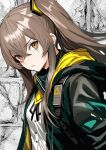  1girl black_jacket brown_eyes brown_hair girls&#039;_frontline hair_between_eyes highres jacket long_hair looking_at_viewer neckerchief open_clothes open_jacket scar scar_across_eye shirt side_ponytail sidelocks solo ump45_(girls&#039;_frontline) upper_body user_tcnp5525 white_shirt yellow_neckerchief 