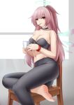  1girl absurdres ambriel_(arknights) arknights ass bare_shoulders barefoot black_bra black_choker black_leggings bra breasts casperrin choker closed_mouth collarbone cup detached_wings energy_wings food grey_eyes halo highres holding holding_cup indoors large_breasts leggings long_hair looking_at_viewer mouth_hold navel on_chair one_side_up pink_hair pocky sitting solo strapless strapless_bra underwear very_long_hair window wings wristband 