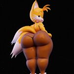 absurd_res adri164 big_butt black_clothing black_leggings black_legwear bodily_fluids bubble_butt butt canid canine clothing fox hi_res leggings legwear looking_at_viewer male mammal miles_prower sega smile solo sonic_the_hedgehog_(series) sweat sweaty_butt sweaty_legs sweaty_thighs tail thick_thighs thong thong_underwear translucent translucent_clothing underwear wide_hips