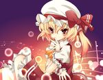  ascot bad_id bad_pixiv_id blonde_hair bow dress flandre_scarlet gotou_nao gradient gradient_background hat hat_bow highres looking_at_viewer mob_cap musical_note one_side_up pink_eyes puffy_sleeves red_dress serio_(columns) shirt short_sleeves smile solo staff_(music) touhou wrist_cuffs 