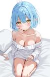  1girl absurdres ahoge bare_shoulders bed_sheet blue_hair blush bra_strap breasts closed_mouth collarbone dress elf heart heart_ahoge highres hololive large_breasts long_sleeves looking_at_viewer off-shoulder_dress off-shoulder_sweater off_shoulder on_bed oniku_(o29sukizero) pillow pointy_ears short_hair simple_background smile solo sweater sweater_dress virtual_youtuber white_background white_dress white_sweater yellow_eyes yukihana_lamy 