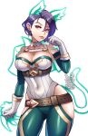  1girl alternate_costume animal_ears animal_hands artist_logo asymmetrical_hair belt blue_hair bodice breasts cat_ears cat_paws cat_tail choker cleavage collarbone covered_navel detached_sleeves fake_animal_ears fake_tail fire_emblem fire_emblem:_three_houses fire_emblem_heroes gloves hakuramen highres hip_vent large_breasts looking_at_viewer mature_female purple_eyes shamir_nevrand short_hair skin_tight skindentation solo tail tongue tongue_out 