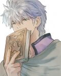  1boy b-saku book cloak covered_mouth dragon_quest dragon_quest_dai_no_daibouken green_cloak grey_hair hair_between_eyes hand_up holding holding_book hyunkel looking_at_viewer male_focus portrait short_hair simple_background solo v white_background 