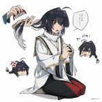  1other ahoge akanbe anger_vein berldo black_hair braid brown_eyes brushing_hair comb disembodied_limb eyelid_pull fate/samurai_remnant fate_(series) food hair_down hair_intakes highres jewelry long_hair miyamoto_iori_(fate) onigiri pendant pout seiza sitting tongue tongue_out white_background yamato_takeru_(fate) 