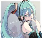  1girl blue_eyes blue_hair collared_shirt commentary_request detached_sleeves finger_to_mouth from_side half-closed_eyes hatsune_miku headphones headset highres index_finger_raised long_hair long_sleeves looking_at_viewer naguno-0713 nail_polish necktie parted_lips shirt sleeveless sleeveless_shirt solo twintails upper_body vocaloid 