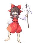  1girl barefoot bow brown_eyes brown_hair closed_mouth detached_sleeves dress frilled_dress frills full_body hair_bow hair_tubes hakurei_reimu highres holding holding_stick long_sleeves medium_bangs medium_hair primsla red_bow red_dress simple_background smile solo sparkle stick touhou white_background white_sleeves 
