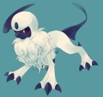  absol animal_focus blue_background claws commentary fangs fluffy full_body hideko_(l33l3b) highres looking_to_the_side no_humans pokemon pokemon_(creature) red_eyes simple_background solo standing white_fur 