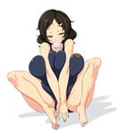  bare_shoulders barefoot black_hair breast_press breasts brown_eyes bubble_blowing chewing_gum deep_skin feet full_body hair_ornament hairclip huge_breasts knees_up legs looking_at_viewer nekomamire original plump raised_eyebrow shadow short_hair simple_background sitting solo spread_legs swimsuit thick_thighs thighs v_arms white_background 