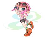  1girl ass blue_eyes can drink_can full_body goggles goggles_on_head highres holding holding_can looking_back medium_hair octoling octoling_girl open_mouth pink_hair pink_shirt red-framed_eyewear shirt sleeveless sleeveless_shirt smile soda_can solo spl8ya splatoon_(series) splatoon_3 sunglasses teeth tentacle_hair torn_clothes torn_shirt white_background 