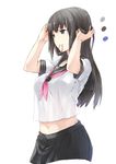  black_eyes black_hair breasts copyright_request crop_top crop_top_overhang long_hair medium_breasts midriff mouth_hold navel satsumi school_uniform serafuku simple_background skirt solo white_background 