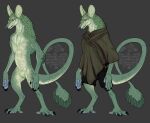 5_fingers ambiguous_gender anthro avian-king biped claws clothed clothing countershade_face countershade_neck countershade_tail countershade_torso countershading feathers fingers green_body green_feathers hi_res solo tail