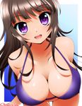  bent_over bikini black_hair breasts cleavage dr_rex large_breasts long_hair looking_at_viewer open_mouth original purple_eyes shiny shiny_skin smile solo swimsuit 