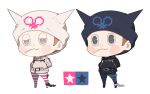  2boys :3 animal_ear_headwear animal_ears beanie belt belt_buckle black_belt black_footwear black_headwear black_jacket black_pants blue_pants blush_stickers brown_hair buckle buttons cat_ears chain chibi cigarette clone closed_mouth collared_jacket commentary_request cuffs danganronpa_(series) danganronpa_v3:_killing_harmony fake_animal_ears grey_eyes half-closed_eyes hands_in_pockets hat holding holding_cigarette hoshi_ryoma jacket kogarashi_8 leather leather_jacket looking_ahead male_focus mouth_hold multiple_boys palette_swap pants partial_commentary pink_pants prison_clothes shackles shoes short_hair simple_background smile star_(symbol) striped_clothes striped_pants studded_belt two-tone_pants very_short_hair white_background white_belt white_footwear white_headwear white_jacket white_pants zipper zipper_pull_tab 