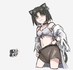  1other 2girls animal_ears arknights astrograph21 bare_shoulders black_hair cat_ears chibi commentary cosplay crop_top doctor_(arknights) grey_eyes grey_hair grey_skirt hand_on_own_hip highres mandragora_(arknights) midriff miniskirt multiple_girls navel reed_(arknights) reed_(arknights)_(cosplay) short_hair skirt stomach 