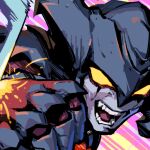  1boy aatrox angry close-up colored_skin demon fighting glowing glowing_eyes grey_skin league_of_legends looking_at_viewer male_focus no_pupils open_mouth phantom_ix_row portrait serious solo teeth yellow_eyes 