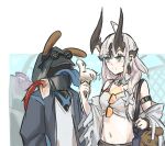  1girl 1other ahoge ambiguous_gender animal_ears arknights astrograph21 black_jacket blue_tongue colored_tongue crop_top doctor_(arknights) dragon_girl dragon_horns fake_animal_ears food green_eyes holding holding_food hood hooded_jacket horns ice_cream jacket long_hair looking_at_another mask midriff navel official_alternate_costume reed_(arknights) stomach stuffed_toy tongue upper_body white_hair 